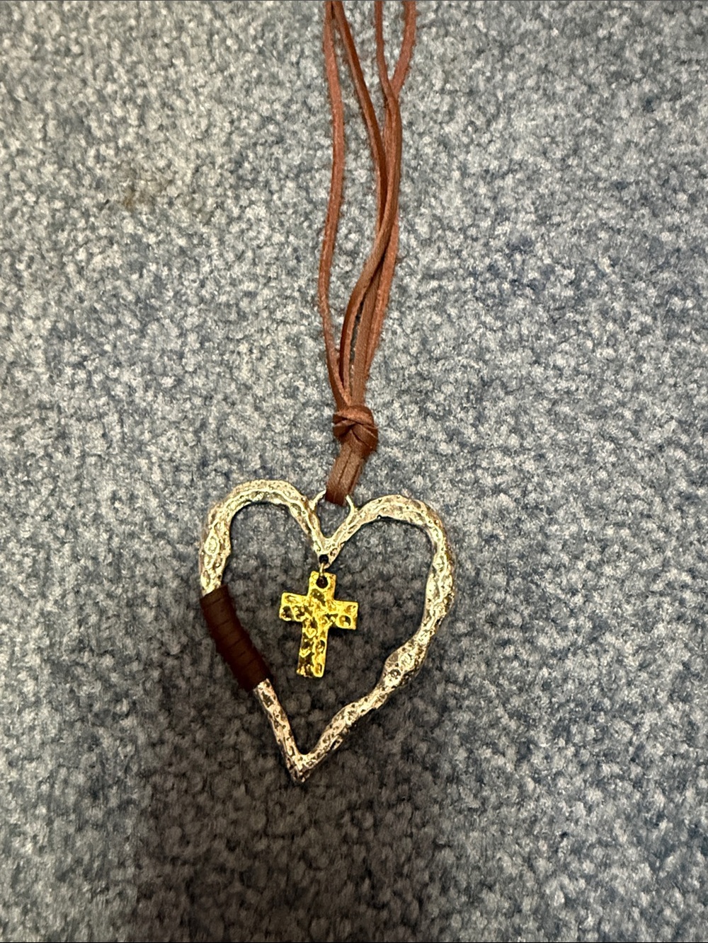 Source Unknown Brown Leather Heart Necklace with Gold Cross Pendant